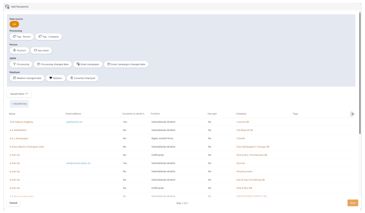 CRM software dashboard with data analysis and filtering options.
