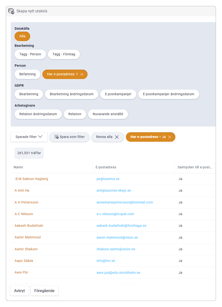 CRM software search results page, filtering contacts