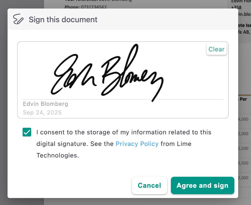 A digital signature on a document with a consent checkbox for data storage and a button to agree and sign, related to Lime Technologies CRM solutions.