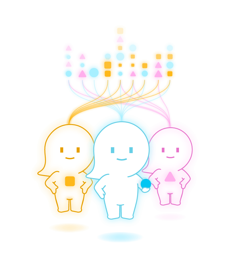 Three interconnected cartoon characters representing collaboration and data exchange in a CRM system.