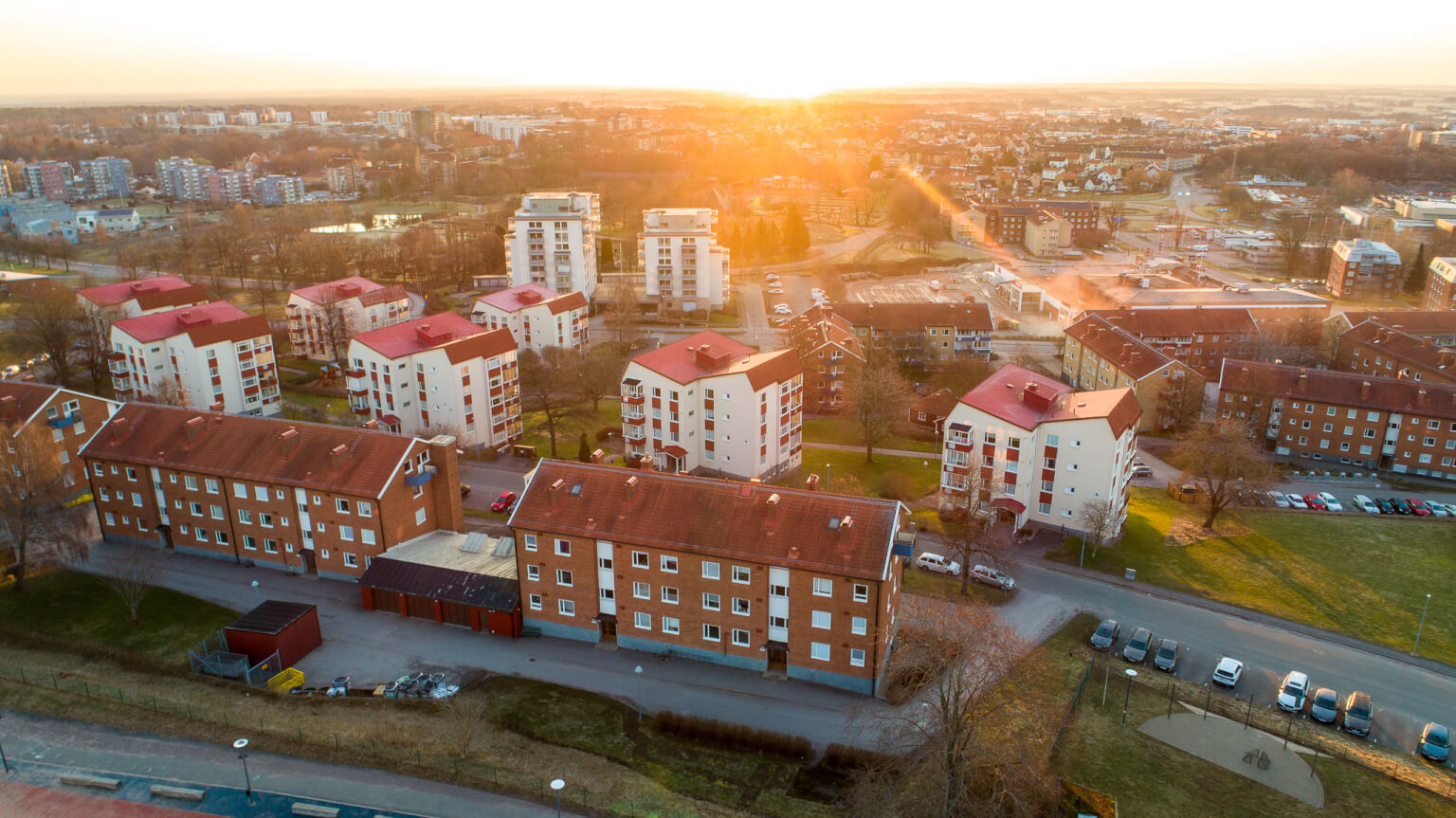 Aerial view of residential buildings with red roofs in a suburban area at sunset, showcasing a serene neighborhood landscape.