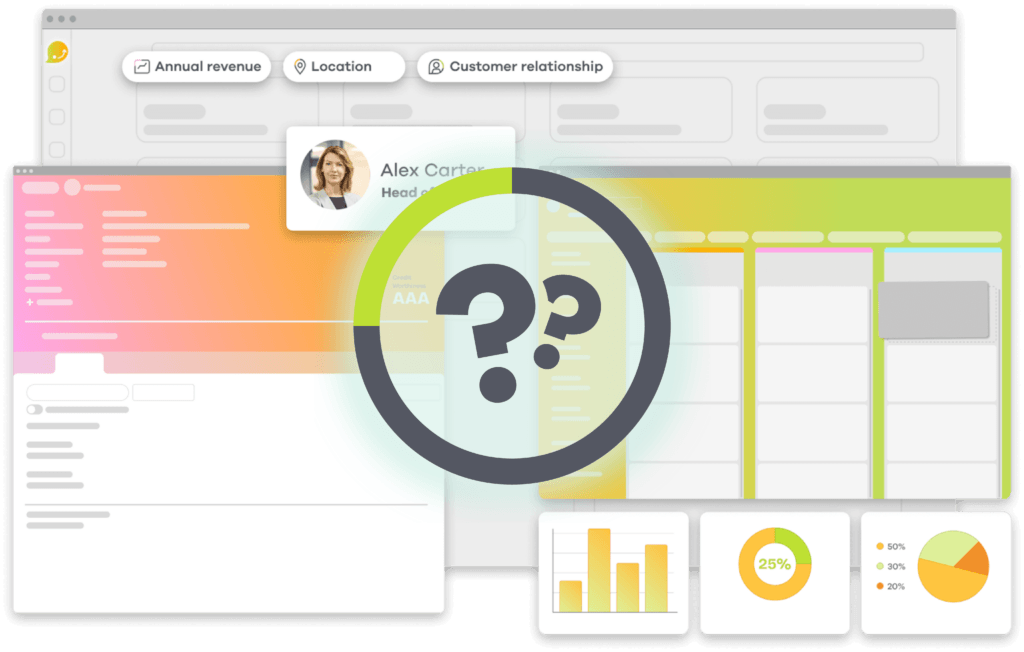CRM software dashboard with magnifying glass and question marks over customer data analysis and statistics