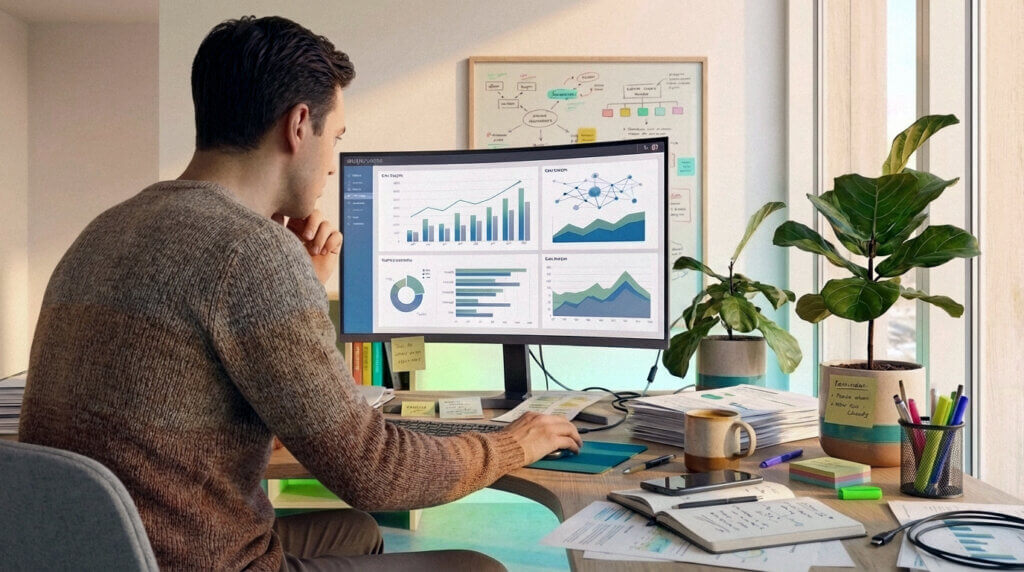 Man sitting at desk analyzing data on computer screen with graphs and charts, working on CRM solutions.