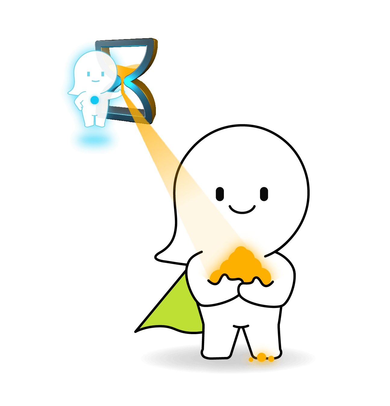 A cartoon character with a cape radiating a beam from its hand to a projection of another character on an hourglass