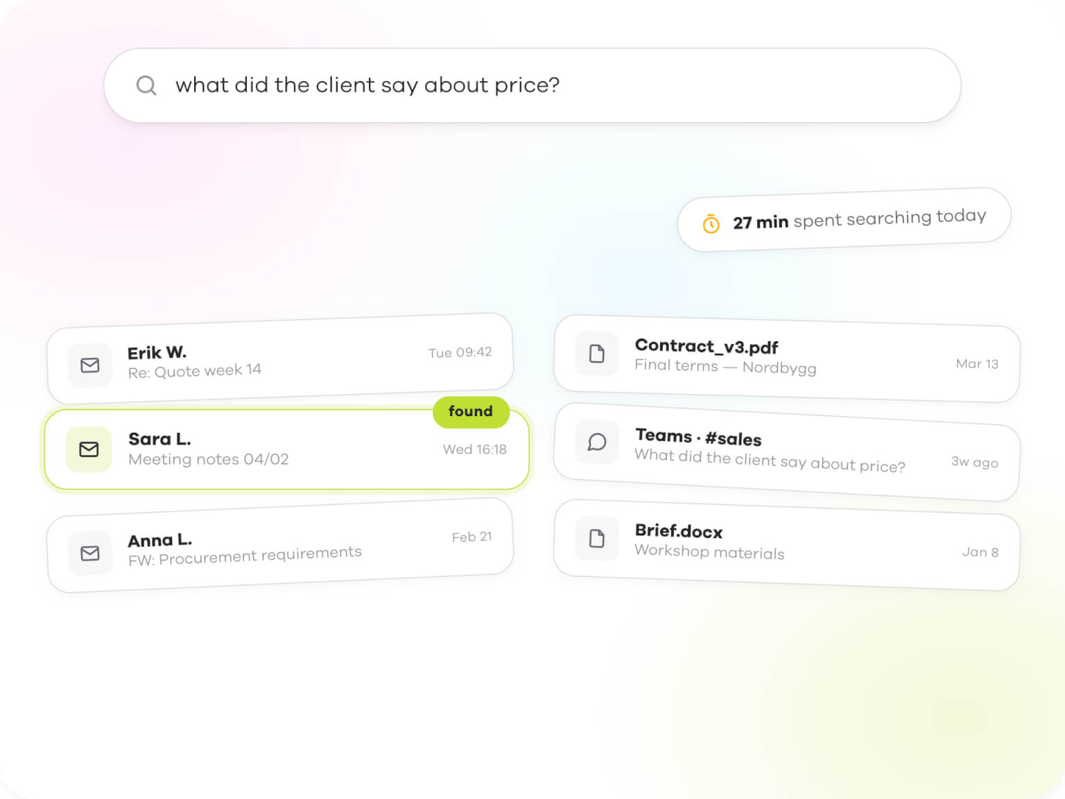 CRM software search results for client price query, screenshot of chat interface with highlighted client conversation