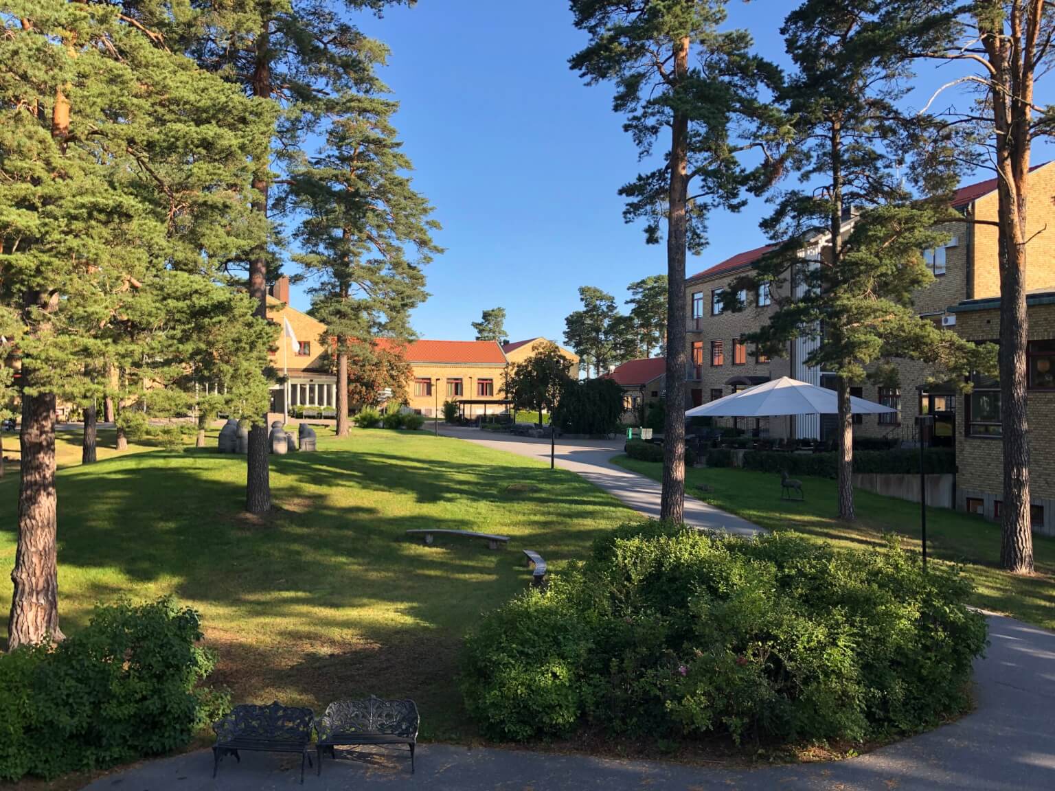 A serene outdoor space with lush greenery and buildings in the background, ideal for a membership or community-focused organization.