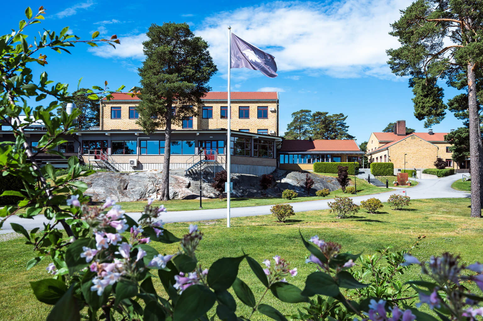 A large building with a flagpole in front of it, surrounded by trees and flowers, suggesting a serene municipality or real estate setting.