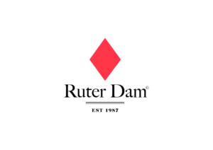 Ruter Dam logo, a red diamond shaped symbol above company name