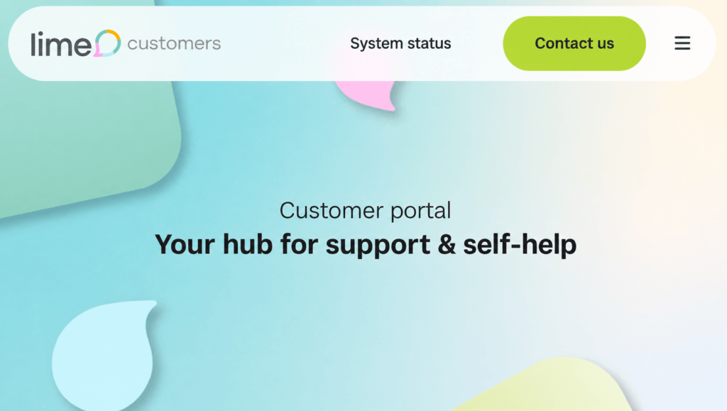 Lime Technologies CRM customer portal interface showcasing self-help support resources.