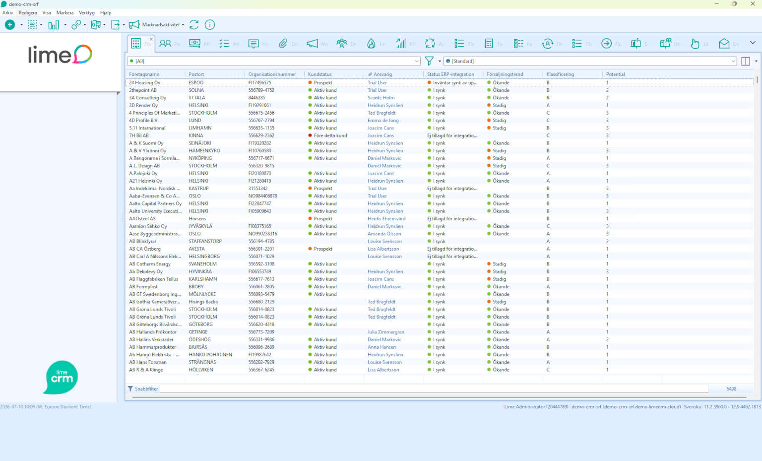 Lime Digital CRM database software interface displaying detailed inventory management data. The screen presents a columnar list of items with status indicators and search functions for optimised data handling.