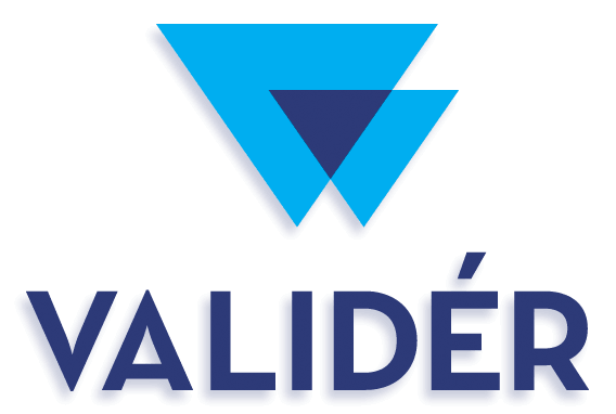The logo for VALIDÉR featuring a stylized blue 'V' made of two overlapping triangles in navy and cyan. The brand name is displayed below in bold navy blue text.