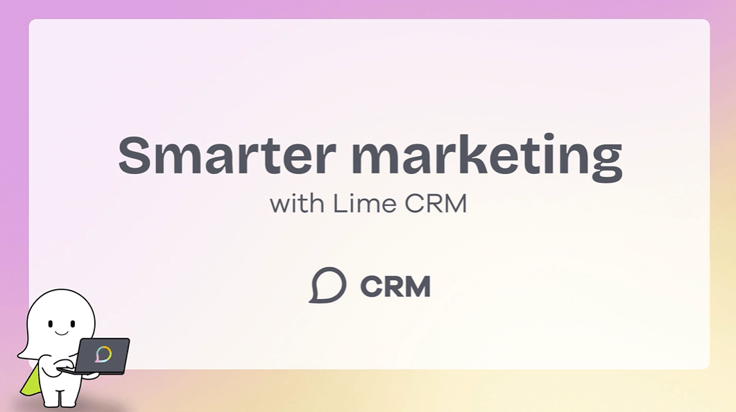 Illustration promoting smarter marketing with Lime CRM, featuring a friendly ghost character using a laptop to showcase the platform's digital solutions.